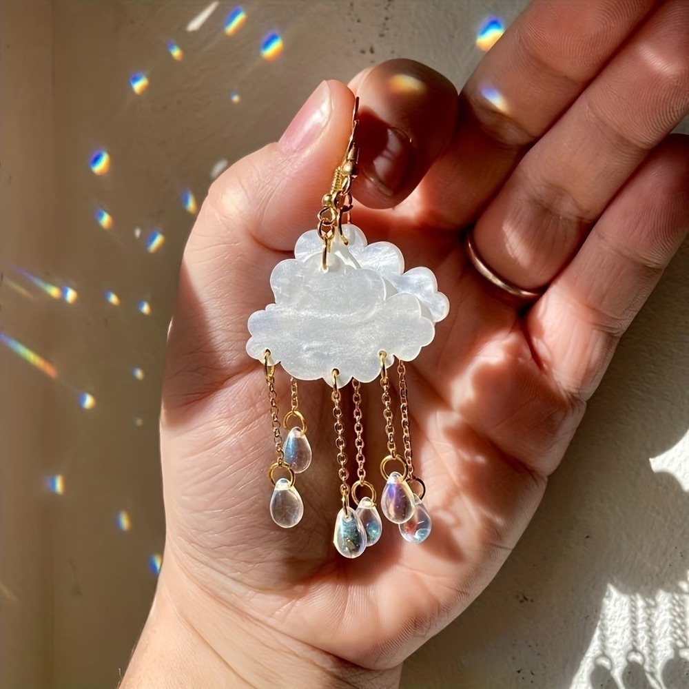 Iridescent Cloud Raindrop Dangle Earrings Gold Tone Teardrop Crystal Whimsical